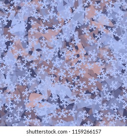 Seamless camouflage pattern of winter landscape colors. Chaotically located snowflakes are put on the picture.