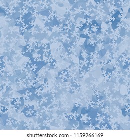 Seamless camouflage pattern of winter landscape colors. Chaotically located snowflakes are put on the picture.