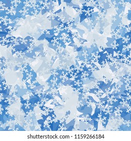 Seamless camouflage pattern of winter landscape colors. Chaotically located snowflakes are put on the picture.