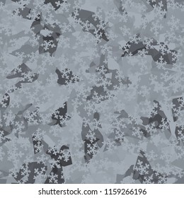 Seamless camouflage pattern of winter landscape colors. Chaotically located snowflakes are put on the picture.
