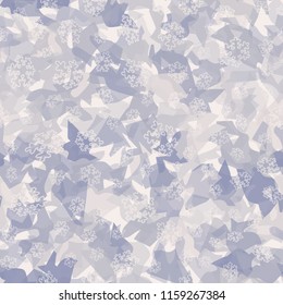 Seamless camouflage pattern of winter landscape colors. On a picture contour snowflakes.
