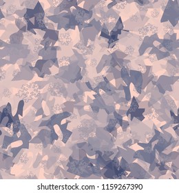Seamless camouflage pattern of winter landscape colors. On a picture contour snowflakes.