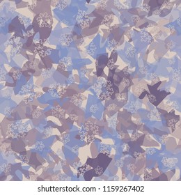 Seamless camouflage pattern of winter landscape colors. On a picture contour snowflakes.