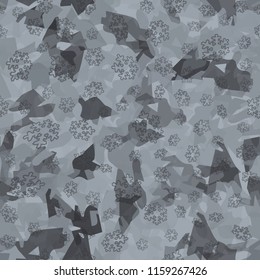Seamless camouflage pattern of winter landscape colors. On a picture contour snowflakes.