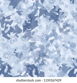 Seamless camouflage pattern of winter landscape colors. On a picture contour snowflakes.