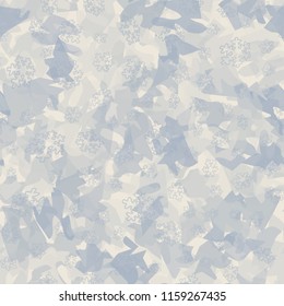 Seamless camouflage pattern of winter landscape colors. On a picture contour snowflakes.