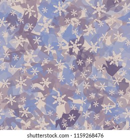 Seamless camouflage pattern of winter landscape colors. In the picture are scattered snowflakes.