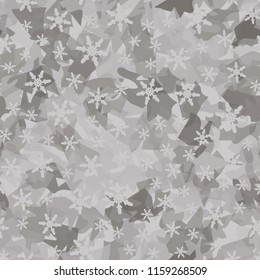 Seamless camouflage pattern of winter landscape colors. In the picture are scattered snowflakes.