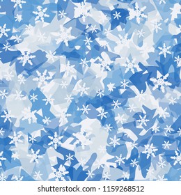 Seamless camouflage pattern of winter landscape colors. In the picture are scattered snowflakes.
