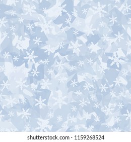 Seamless camouflage pattern of winter landscape colors. In the picture are scattered snowflakes.