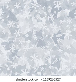 Seamless camouflage pattern of winter landscape colors. In the picture are scattered snowflakes.