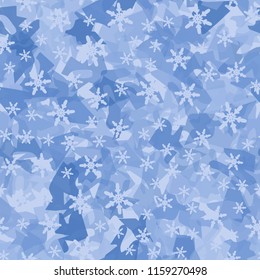 Seamless camouflage pattern of winter landscape colors. Big snowflakes are thrown over the picture.