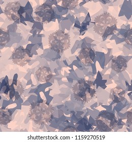 Seamless camouflage pattern of winter landscape colors. Big snowflakes are thrown over the picture.