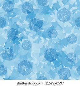 Seamless camouflage pattern of winter landscape colors. Big snowflakes are thrown over the picture.