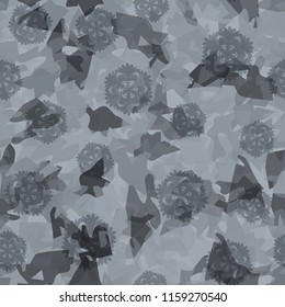 Seamless camouflage pattern of winter landscape colors. Big snowflakes are thrown over the picture.