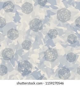 Seamless camouflage pattern of winter landscape colors. Big snowflakes are thrown over the picture.