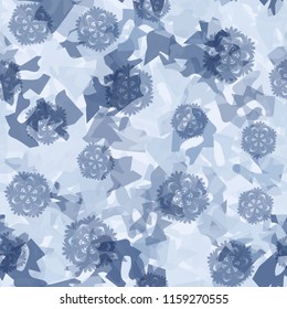 Seamless camouflage pattern of winter landscape colors. Big snowflakes are thrown over the picture.