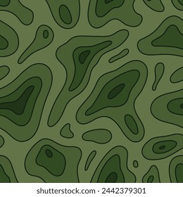 Seamless Camouflage pattern. Wrapping paper. Navigation map. Mountain landscape. Landscape area. Curve line texture. Green camouflage. Plants camouflage. Backdrop for clothes. Texture khaki. Army 