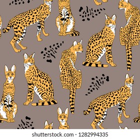 Seamless camouflage pattern. Yellow Graceful wild cats on a beige background. African Serval  characters. Textile composition, hand drawn style print. Vector illustration.