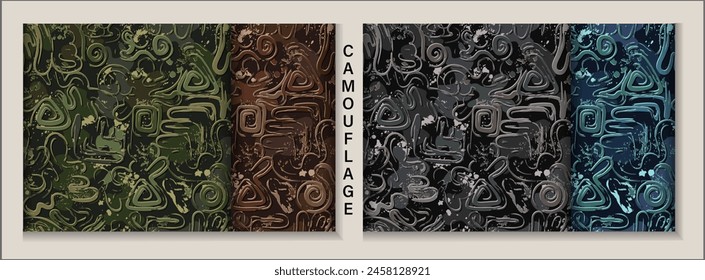 Nahtlose Tarnmuster mit abstrakten wellenförmigen Formen, Wirbel, Twirls, Pinselstriche, Flecken, Farbspritzer. Dichte Zufallszusammensetzung. Grunge-Textur