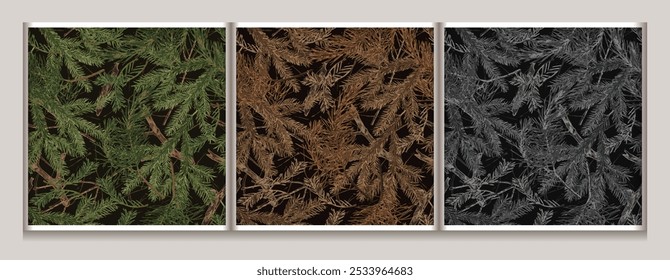 Seamless camouflage patterns with fir twigs with dry needles, dry sticks. Forest nature elements. For apparel, fabric, textile, sport goods.