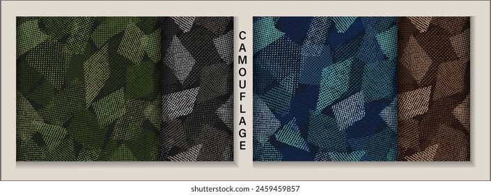 Seamless camouflage patterns with random scattered overlapping tulle pieces, patches. Mesh structure. Random composition. For apparel, fabric, textile, sport goods Grunge texture