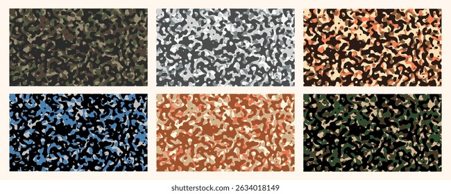 seamless camouflage patterns in various color themes, ideal for military, fashion, textile design, or outdoor event branding.