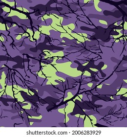 Seamless camouflage, purple, with tree branches. Vector.