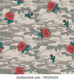 Seamless Camouflage and Rose embroidery pattern 