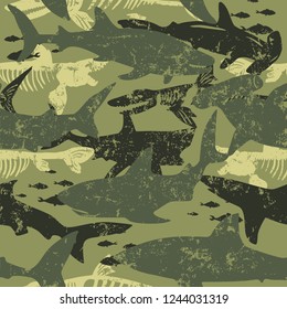 Seamless  camouflage shark pattern, print for T-shirts, textiles, wrapping paper, web. Original design with shark  silhouette .  grunge design for boys and girls