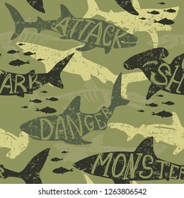 Seamless  camouflage shark pattern, print for T-shirts, textiles, wrapping paper, web. Original design with shark  silhouette .  grunge design for boys and girls