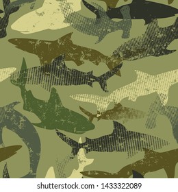 Seamless  camouflage shark pattern, print for T-shirts, textiles, wrapping paper, web. Original design with shark  silhouette .  grunge design for boys and girls