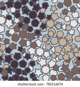 Seamless camouflage. Stars, pentagons, circles. Motives of autumn. For use in textiles, design, decoration of backgrounds, gift wraps and in 3d models.