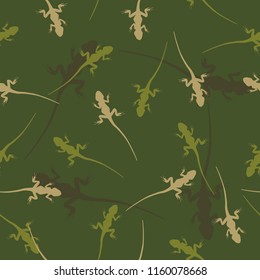 Seamless camouflage wild animals pattern Lizard on green background. Simple drawing tropical reptile repetition wallpaper, camouflage cloth baby boy style, vector illustration, eps 10