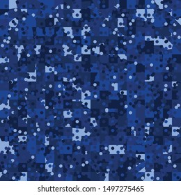 Seamless camouflage winter colors with shades of blue. Broken pixels with imitation of snowfall. Fashionable texture.