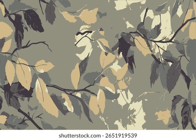 Um padrão perfeito, inspirado em camuflagem, com folhas e ramos de árvores em cores suaves contra um fundo cinza. Utilizável para caça e fins militares. Padrão de camuflagem de caça ao vetor. 
