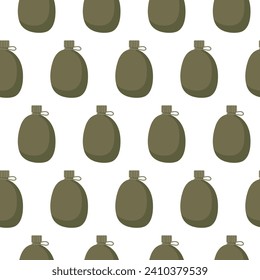 Nahtlose Lagerflasenmuster. Militärcontainer oder Campingbehälter für Wasser, kompakte Trinkflasche. Reiseausrüstung, Campingplatz, Wanderausrüstung. Wiederholte flache Vektorgrafik für Tapeten, Textilien, Umhüllung