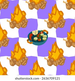 Seamless Campfire Food Pattern Design. Seamless pattern with bright cartoon campfires and a dish of sliced cheese, veggies and olives on a checkered purple background. Flat style, cozy camping vibe.

