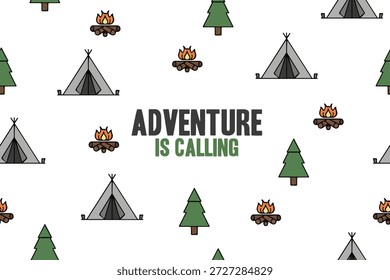 Patrón de aventura de camping sin fisuras con carpa, fogata e iconos de pino. Ilustración plana minimalista con Elementos de estilo dibujados a mano y la cita "Adventure Is Calling". Perfecto para temáticas de exteriores, diseños de viajes, Fondos de pantalla, textiles, empaques y fondos inspirados en la naturaleza.
