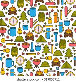 Seamless camping background in hand drawn style: tent, flashlight, match, compass, thermos. Expedition concept