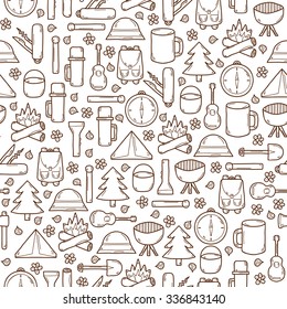 Seamless camping background in hand drawn style: tent, flashlight, match, compass, thermos. Expedition concept