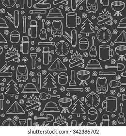 Seamless camping background in hand drawn style: tent, flashlight, match, thermos. Expedition concept
