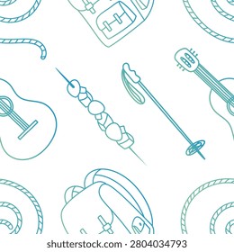Seamless camping doodle line pattern background with backpack, guitar, marshmallow, and outdoor equipment. Hiking adventure theme as hand drawn camp element in green color for nature inspired