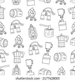 Seamless camping equipments pattern design. Hand drawn camping items pattern design in vector. Doodle camping illustrations pattern.