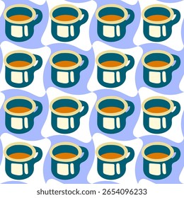Seamless Camping Mug Tea Pattern. Repeating enamel mugs with hot drink in flat cartoon style on wavy blue and white background.