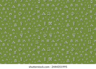 Seamless camping and nature template on green background.
