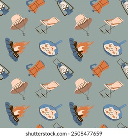 Seamless camping pattern featuring campfire cooking, lanterns, folding chairs, hats, and outdoor gear in soft earthy tones. Outdoor adventure and camping concept.