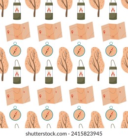 Seamless camping Pattern. Hike, travel, expedition to forest. Flat vector illustration. Repeated background for wallpaper, textile, wrapping paper. Repeated pattern depicting campaign in nature.