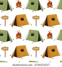 Seamless camping pattern with tents, campfire and wooden sign. Flat vector outdoor illustration on wihte background. Repeating pattern for textile, wallpaper, wrapping paper and kids projects.