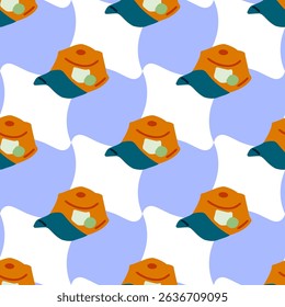 Seamless Camping Tent Pattern Design. Seamless pattern with cartoon camping tents and gear on a wavy blue and white checkered background. Flat style, cozy palette, adventure theme.